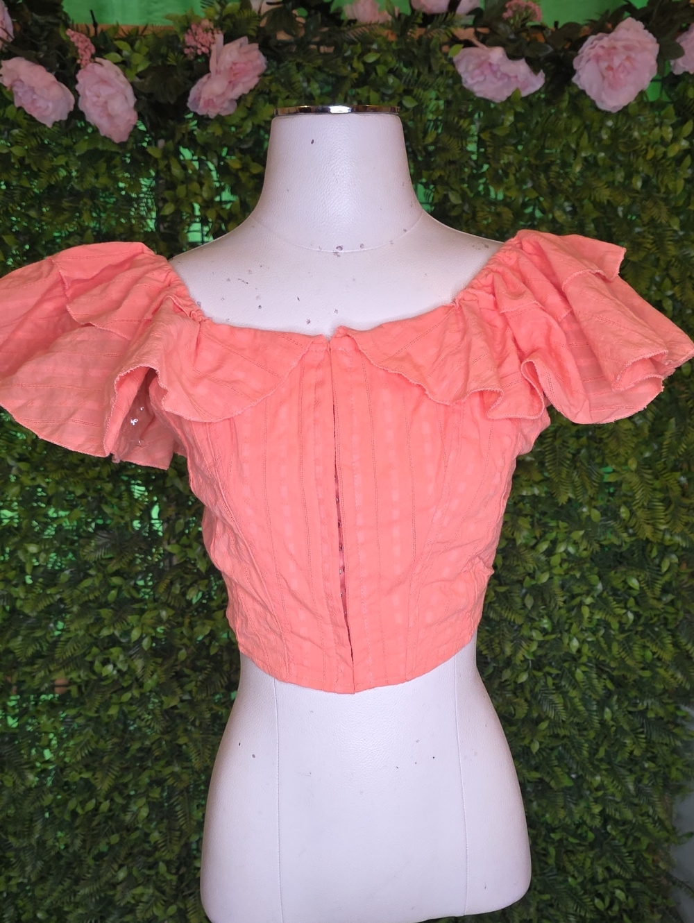 HYFVE Coral Off-Shoulder Ruffle Crop Top